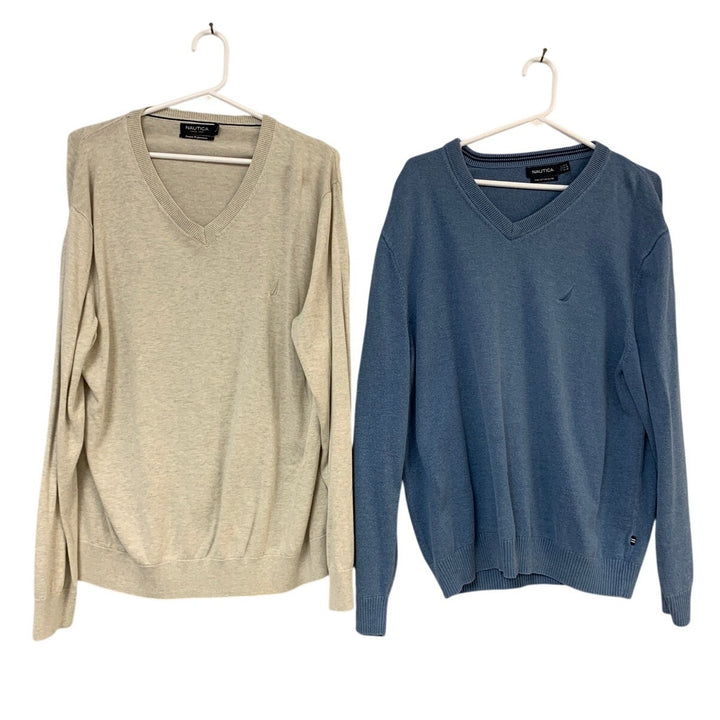 Lot of 2 Nautica Mens XL Heathered Gray Blue Long Sleeve V Neck Knit Sweaters