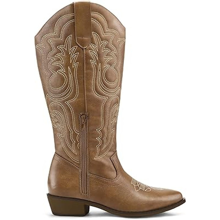 Mysoft Womens 8W 8 Wide Brown Embroidered 1.5" Chunky Heel Cowboy Western Boots