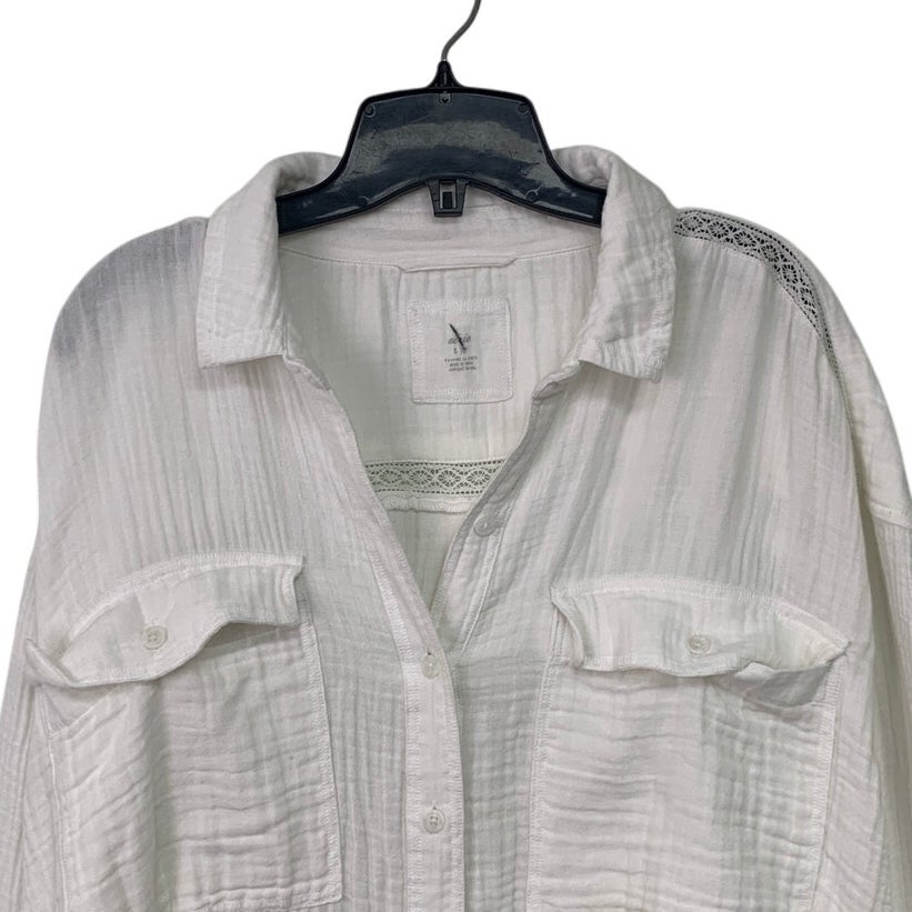 New Aerie Womens XXL White Lace Long Sleeve 100% Cotton Collared Button Up Shirt