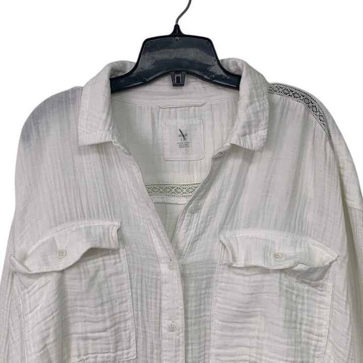 New Aerie Womens XXL White Lace Long Sleeve 100% Cotton Collared Button Up Shirt
