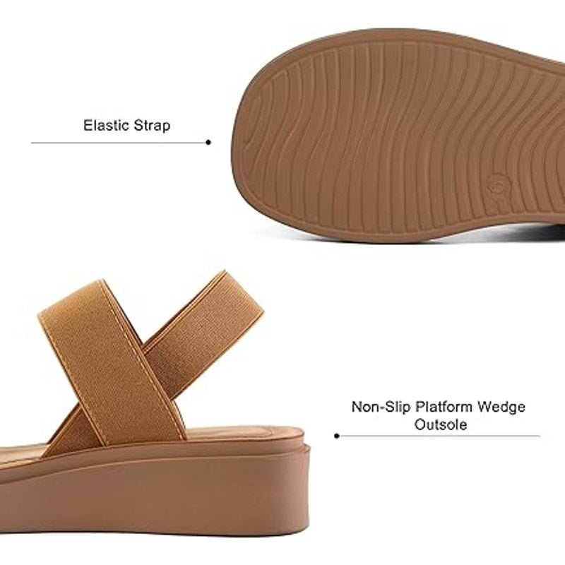 Mysoft Womens 9.5 Camel Brown 1.5" Platform Wedges Elastic Strap Sandal Shoes