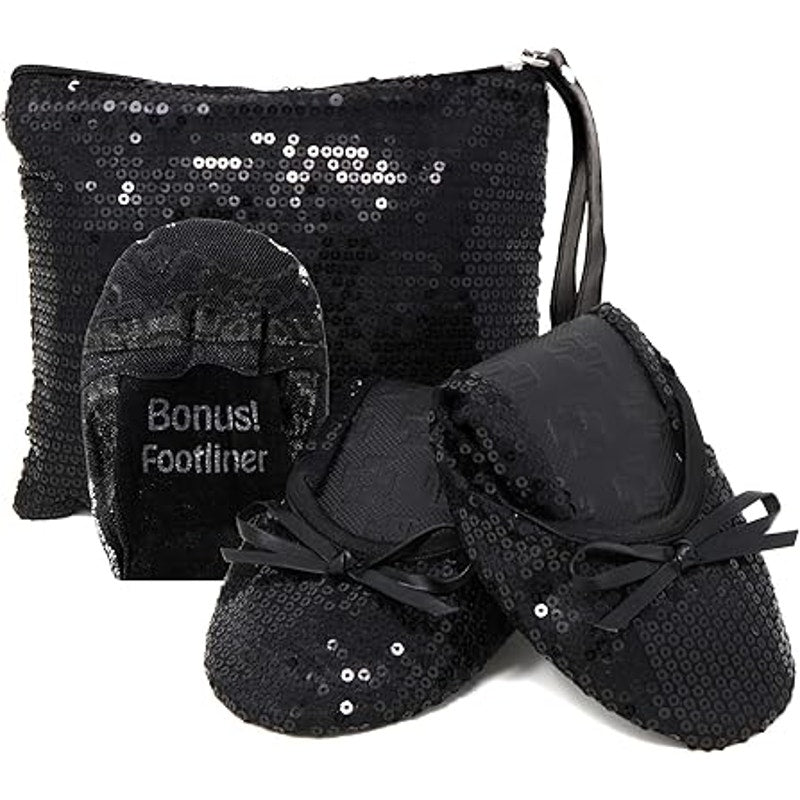 New Silky Toes Womens Medium Black Sequin Foldable Ballet Flats w Purse Case