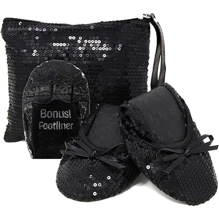 New Silky Toes Womens Medium Black Sequin Foldable Ballet Flats w Purse Case