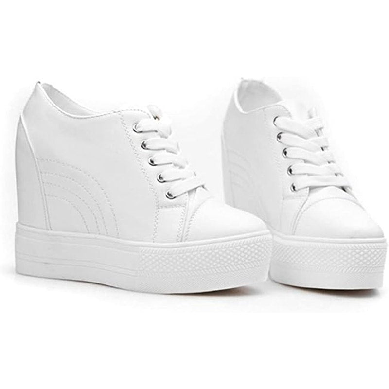New Womens Size 6 White Faux Leather 4" Hidden Heel Lace Up Wedge Sneakers Shoes