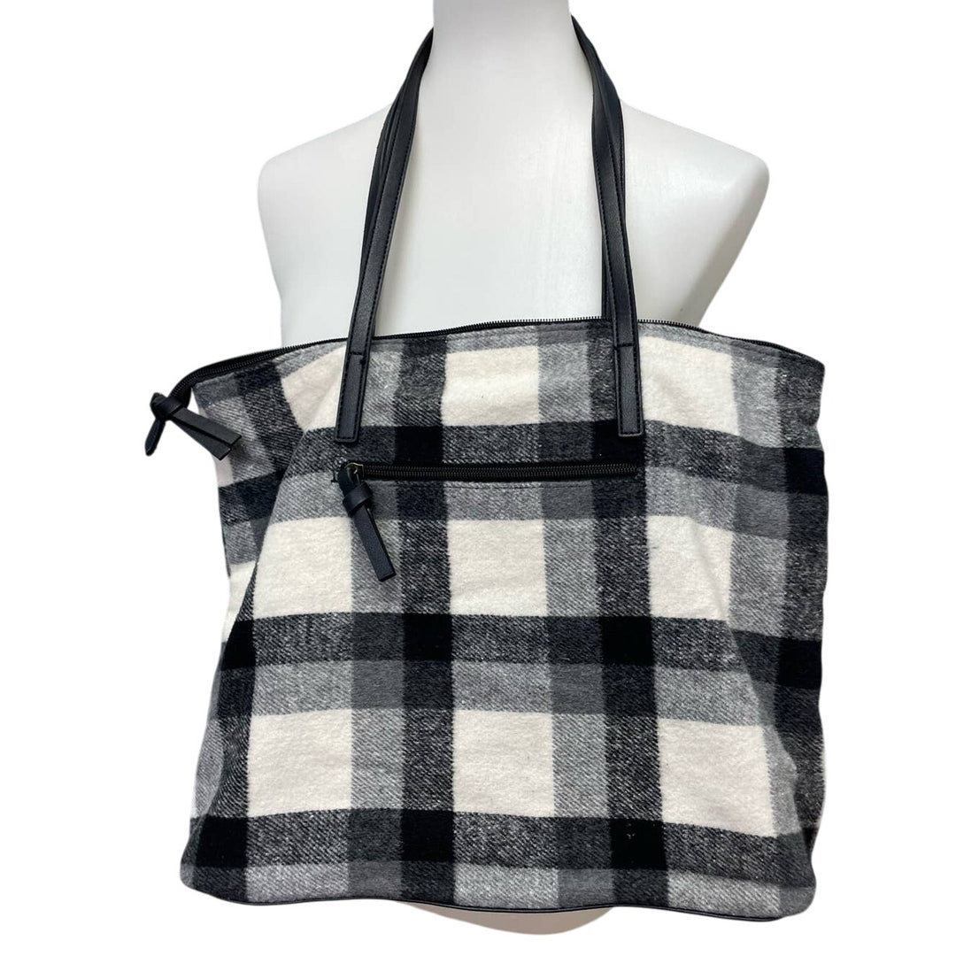 Hand Printed Upcycled Christmas Rose Floral Pine Cone Plaid Shoulder Tote Bag