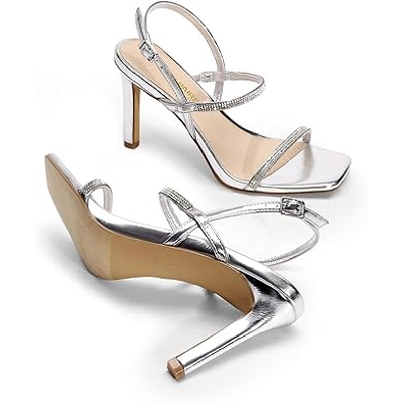 Dream Pairs Womens Size 9.5 Silver Rhinestone Open Toe Ankle Strap 4.25" Heels
