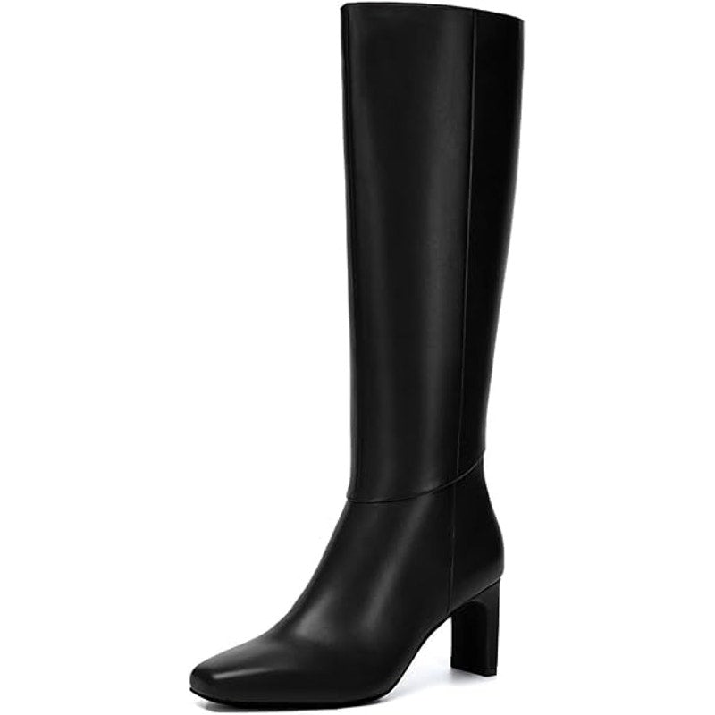 Athlefit Womens Size 8 Black Faux Leather 3" Block Heel Knee High Side Zip Boots