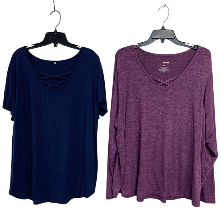 Lot of 2 Womens 2X Navy Heathered Purple Strappy Neck Long Short Sleeve Tops
