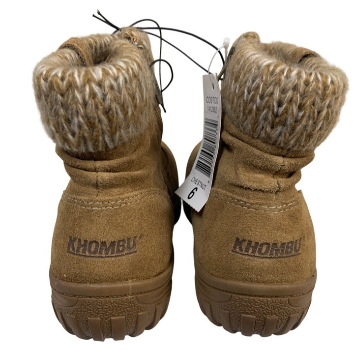New Khombu Womens 6 Brown Ankle All Weather Boots Suede Round Toe Knit Top Shoes
