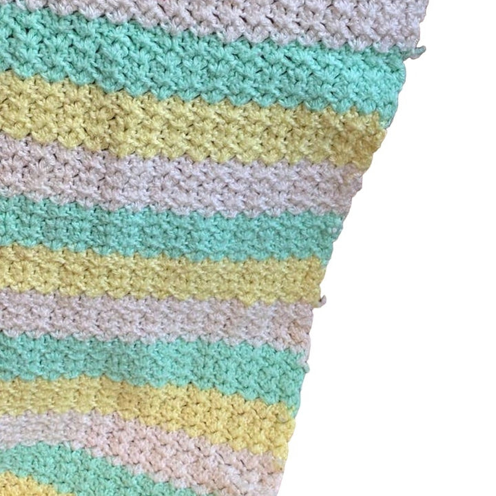 Handmade Pastel Green Yellow White Crocheted Baby Blanket Afghan Throw