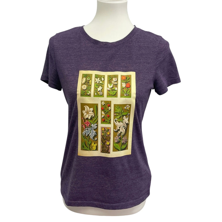 Hand Printed Upcycled Medium Vintage Book Page Flower Butterfly Bee Tee Shirt