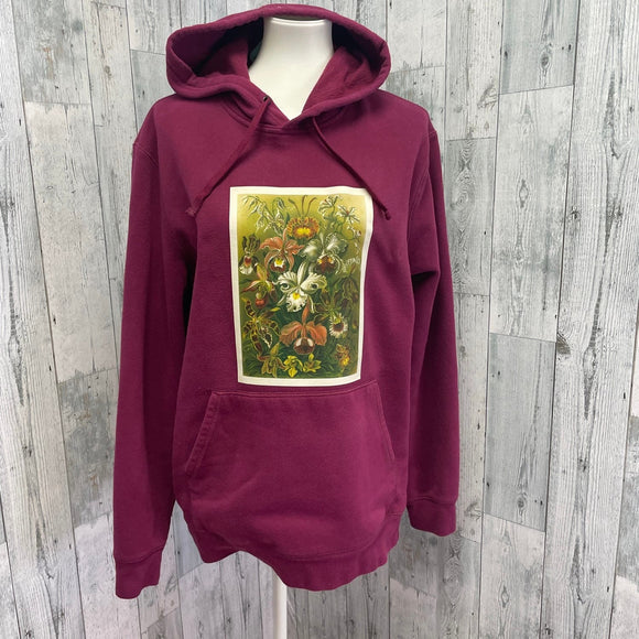Hand Printed Upcycled Womens Large Vintage Orchid Botanical Flower Hoodie