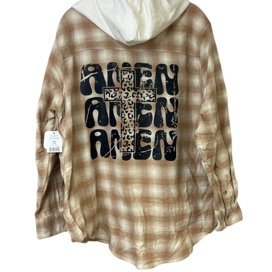 New Hand Printed Womens XL AMEN Long Sleeve Plaid Flannel Cotton Blend Hoodie