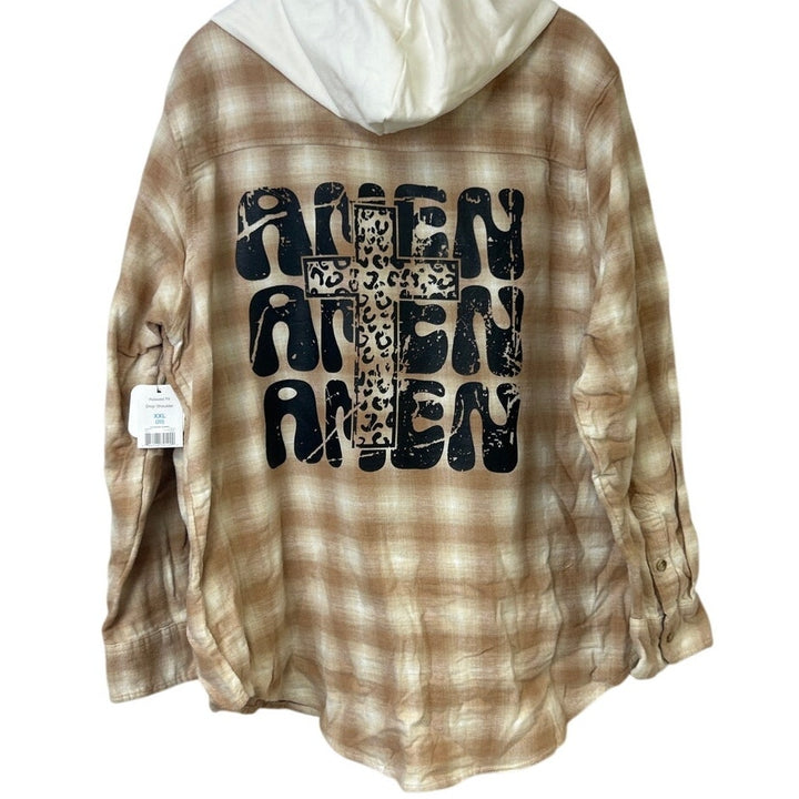New Hand Printed Womens XL AMEN Long Sleeve Plaid Flannel Cotton Blend Hoodie