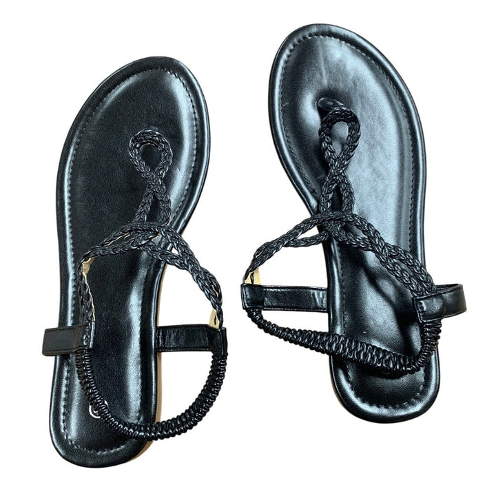 Womens Size 7.5 Black Flats Sandals Braided T Strap Round Open Toe Shoes