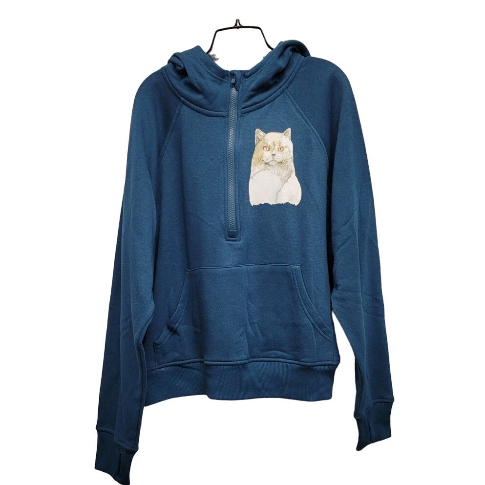 Hand Printed Upcycled Womens XL Cat Kitten Ribbed Half Zip Pullover Hoodie
