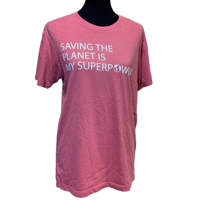 Hand Printed Upcycled Medium Saving the Planet is My Superpower Short Sleeve Tee
