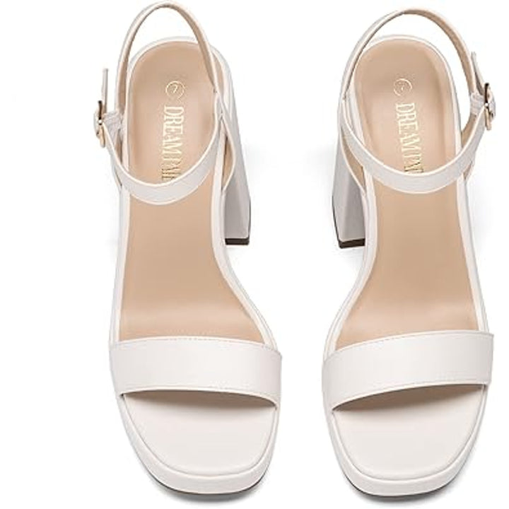 Dream Pairs Women Size 8 White Faux Leather 4.5" Chunky Heel Open Toe Shoes