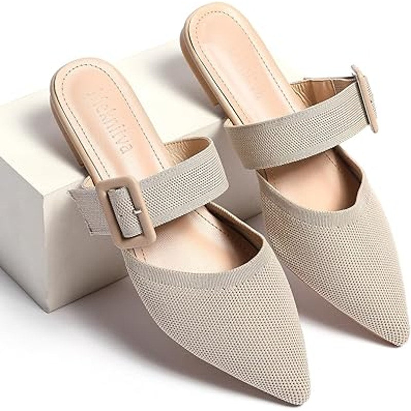 Meknitva Womens 9.5W Wide Tan Pointed Toe Mule Flat Slip On Sandal Shoes