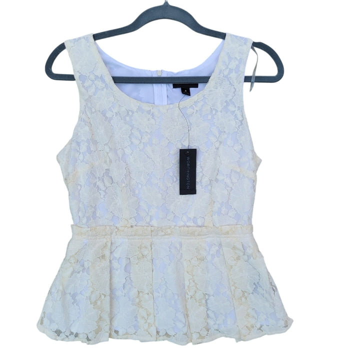 NWT New Worthington Womens Small Floral Lace Back Zip Sleeveless Peplum Blouse