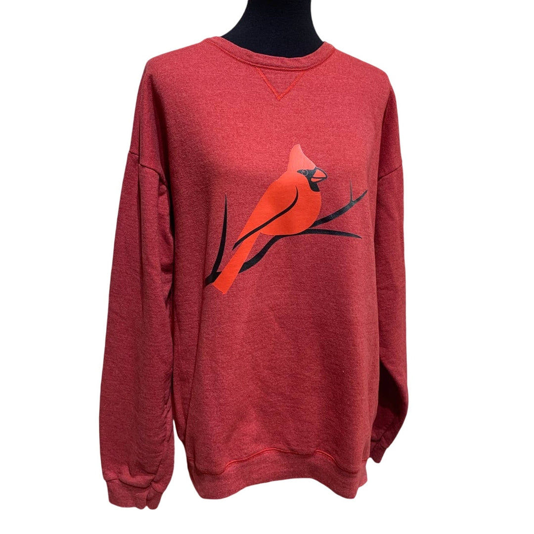 Hand Printed Upcycled Mens Large Cardinal Bird PolyCotton Crew Neck Sweatshirt