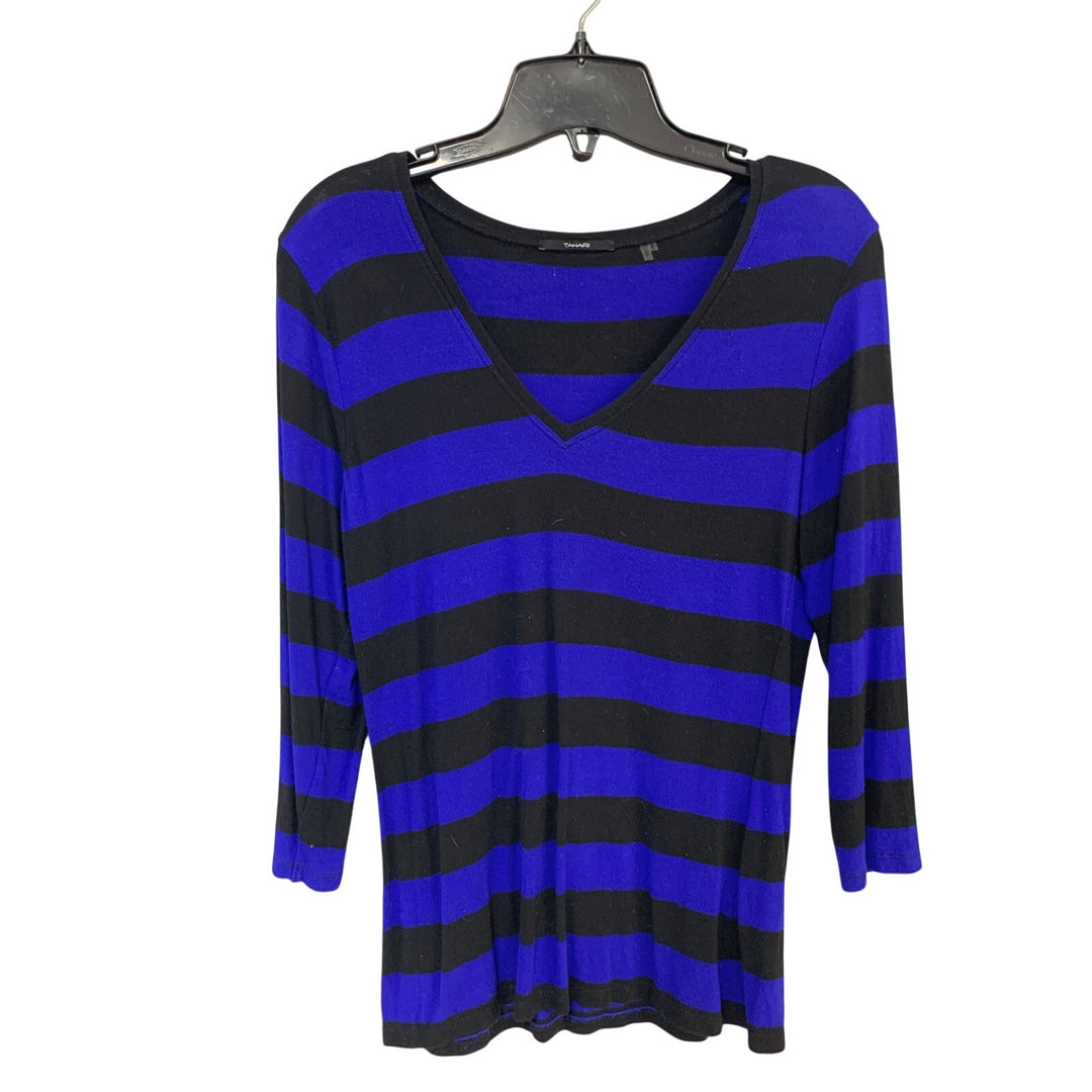 Lot of 2 August Silk Tahari Womens Small Black Blue Striped Cold Shoulder Tops