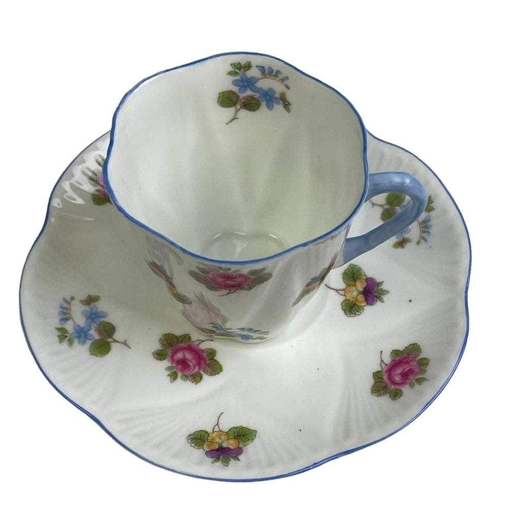 Vintage Shelley England Blue Trim Wildflowers Saucer Cup Fine Bone China Teacup