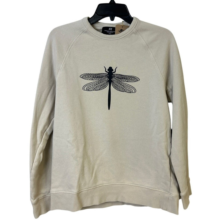 Upcycled Hand Printed Womens Medium 100% Cotton Dragonfly Long Sleeve Sweatshirt