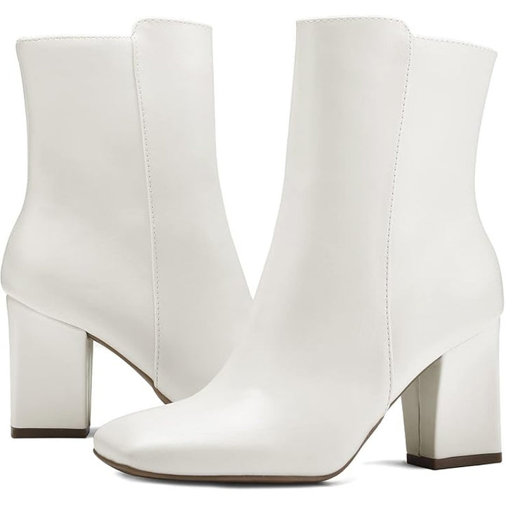 New Mysoft Womens Size 8 White Faux Leather 3" Block Heel Zip Ankle Boots w Flaw