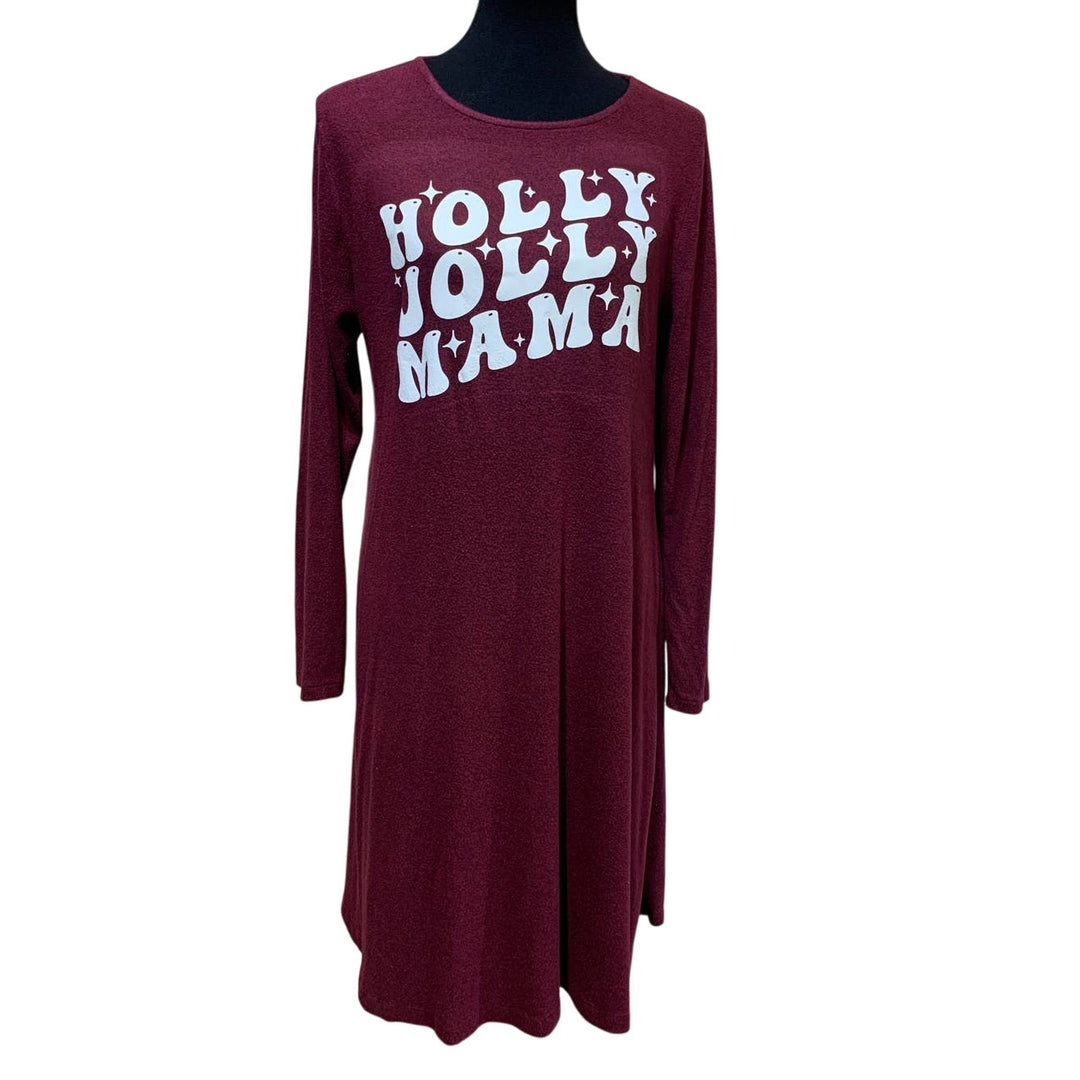 Upcycled Hand Printed Large Christmas Holly Jolly Mama Long Sleeve Stretch Dress