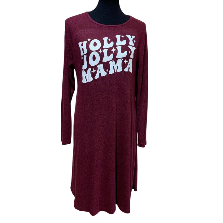 Upcycled Hand Printed Large Christmas Holly Jolly Mama Long Sleeve Stretch Dress