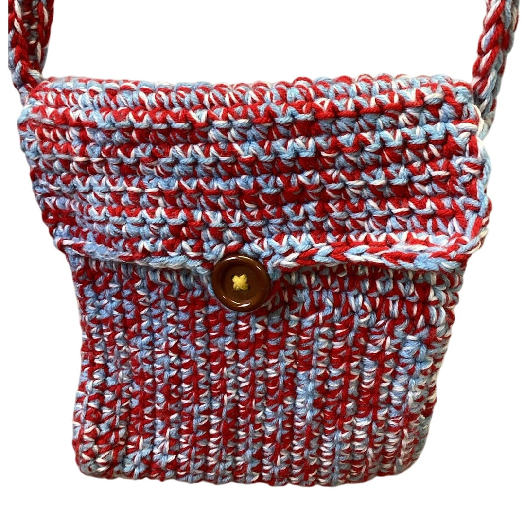 Handmade Knit Red White Blue Yarn Crossbody Pouch Buttoned Handbag Purse Bag