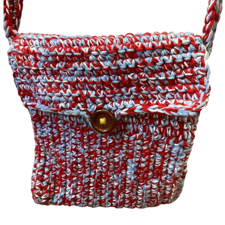 Handmade Knit Red White Blue Yarn Crossbody Pouch Buttoned Handbag Purse Bag