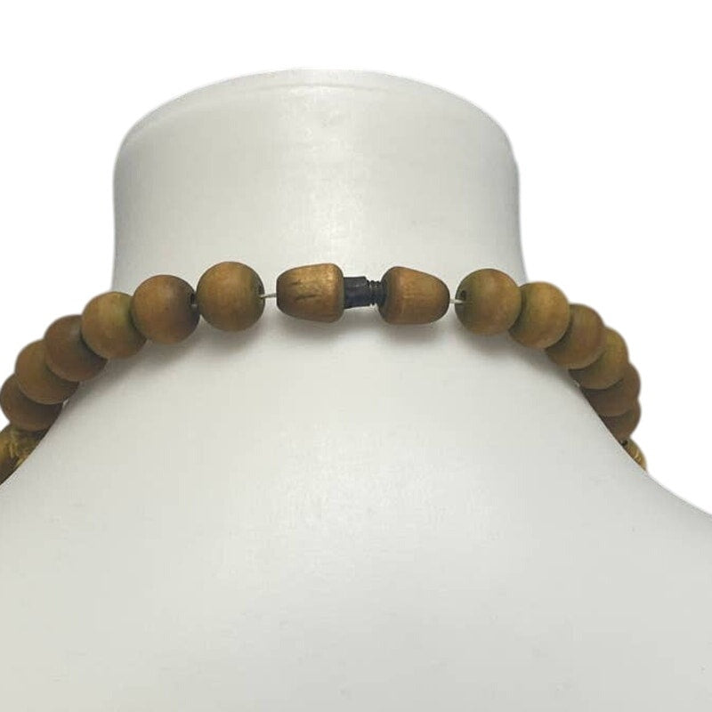 Vintage Wooden Bead 4X Strand Tan Green Brown Beaded Screwback Choker Necklace