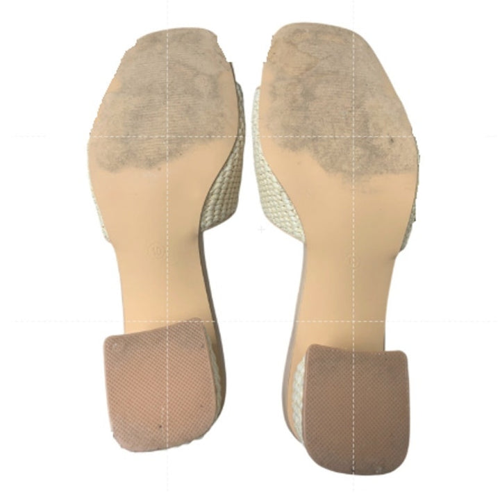 Coutgo Womens Size 10 Tan Raffia Slide On 2.5" Chunky Heel Open Toe Sandal Shoes