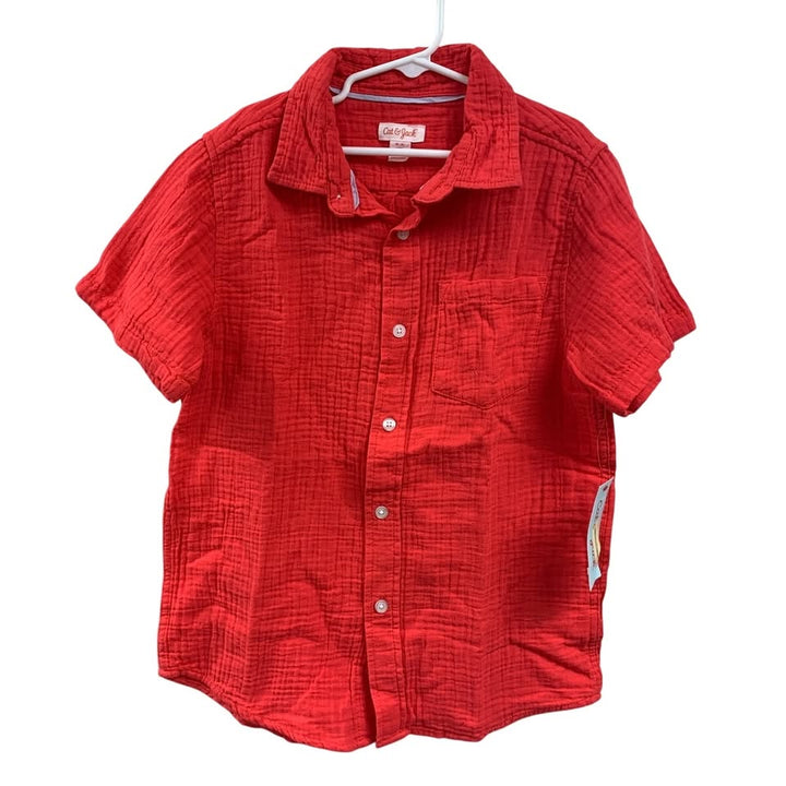 2 New Cat &amp; Jack Boys Medium (8) Short Sleeve Striped Melon Button Up Shirts