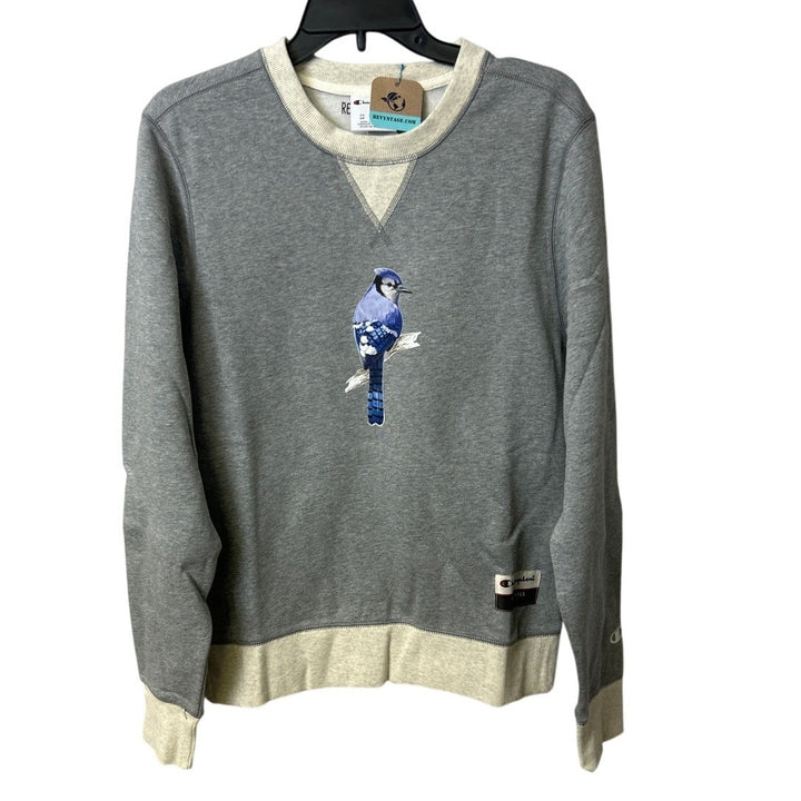 New Hand Printed Womens Small Blue Jay Bird Long Sleeve Heathered Sweatshirt