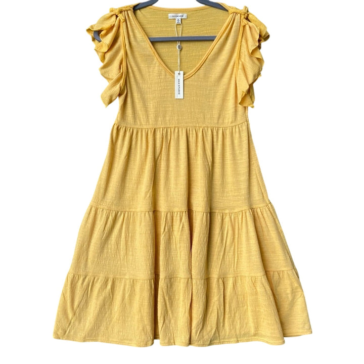 NWT New Max Studio Womens Small Yellow VNeck Flutter Sleeve Fit Flare Midi Dress