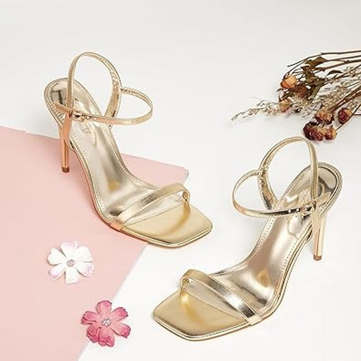 Elisabet Tang Womens Size 7.5 Shiny Gold 4.5" High Heel Open Toe Sandal Shoes