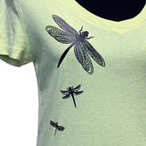 Hand Printed Upcycled Womens Small Dragonfly Short Sleeve V-Neck 100% Cotton Tee