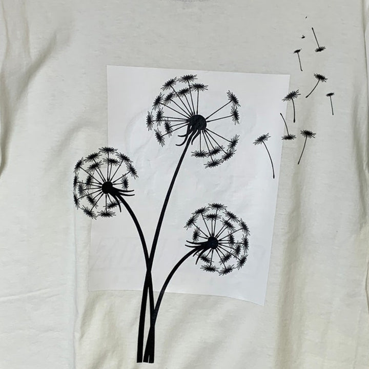 New Upcycled Hand Printed Girls Large Dandelion Wish White Short Sleeve T-Shirt