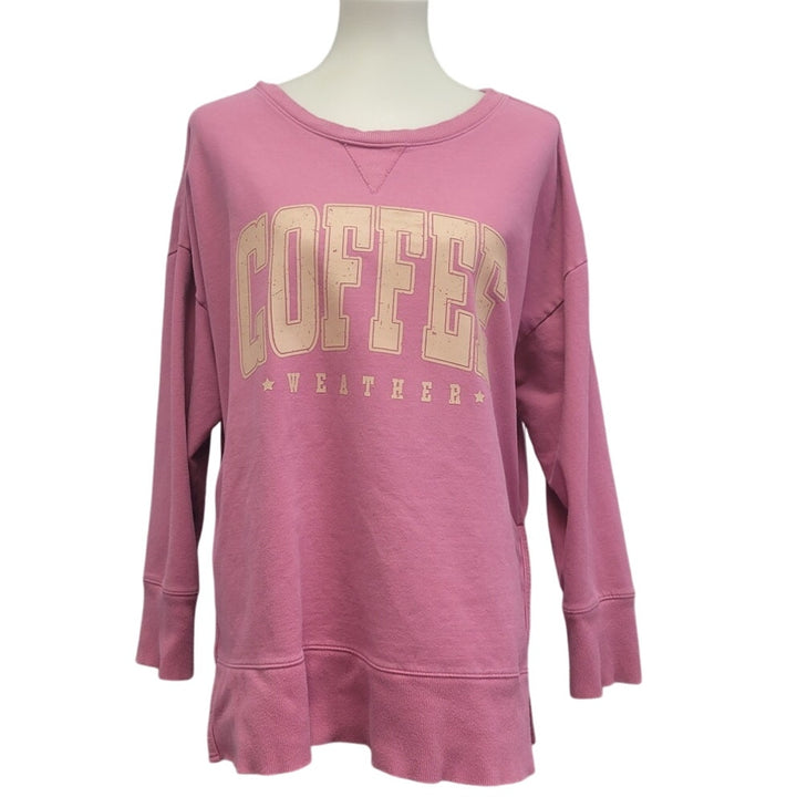 Hand Printed Upcycled Womens Plus Size 1X Coffee Weather Long Sleeve Sweatshirt