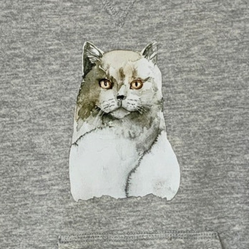 Upcycled Hand Printed Womens Small Smokey Gray Cat Long Sleeve Sweatshirt