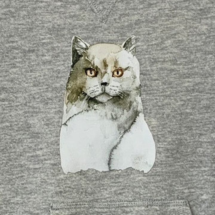 Upcycled Hand Printed Womens Small Smokey Gray Cat Long Sleeve Sweatshirt