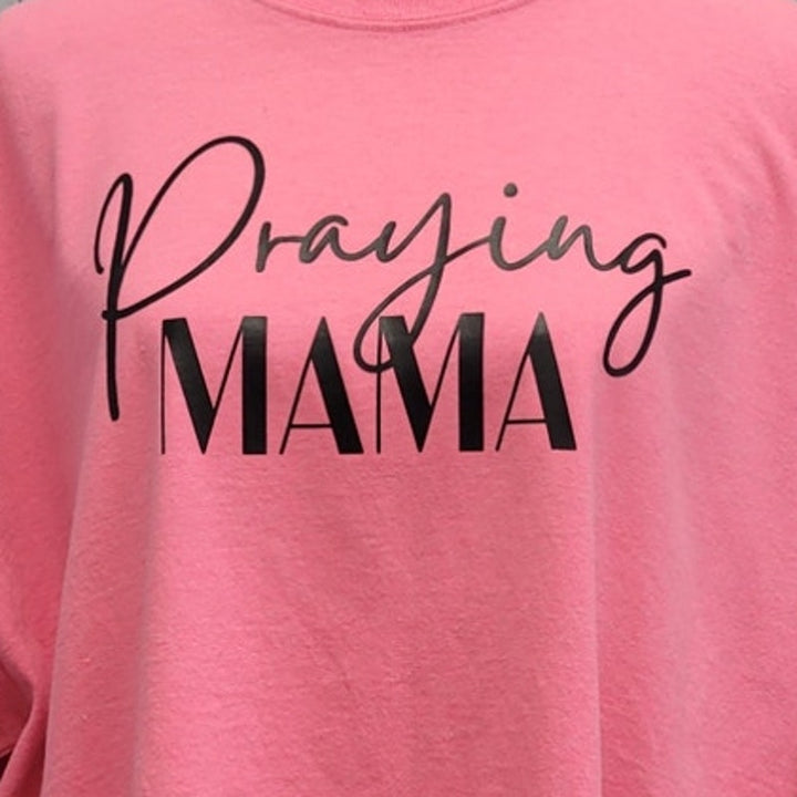 Hand Printed Upcycled Womens 2XL Praying Mama Short Sleeve Crew Neck Tee Shirt
