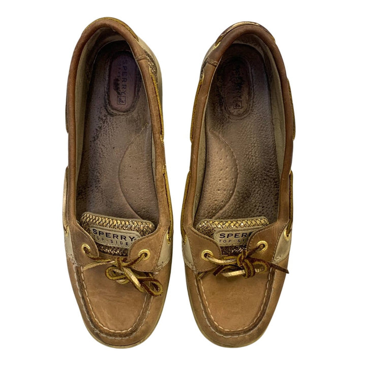 Sperry US 9.5 Sparkle Gold Tan Leather Topsiders Slip On Boat Shoes Loafers