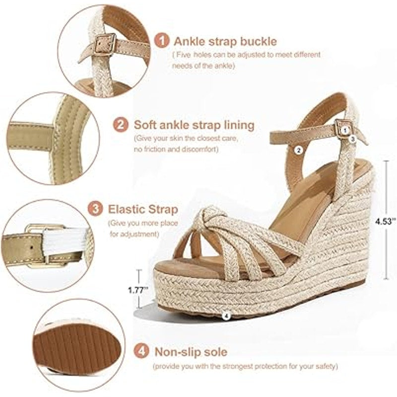 Mikarka Womens Size 8 Tan Straw Espadrille Open Toe 4" Wedge Heel Sandal Shoes
