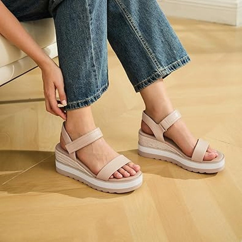 Athlefit Womens Size 6.5 Tan Hook Loop 2.5" Platform Open Toe Espadrille Sandals
