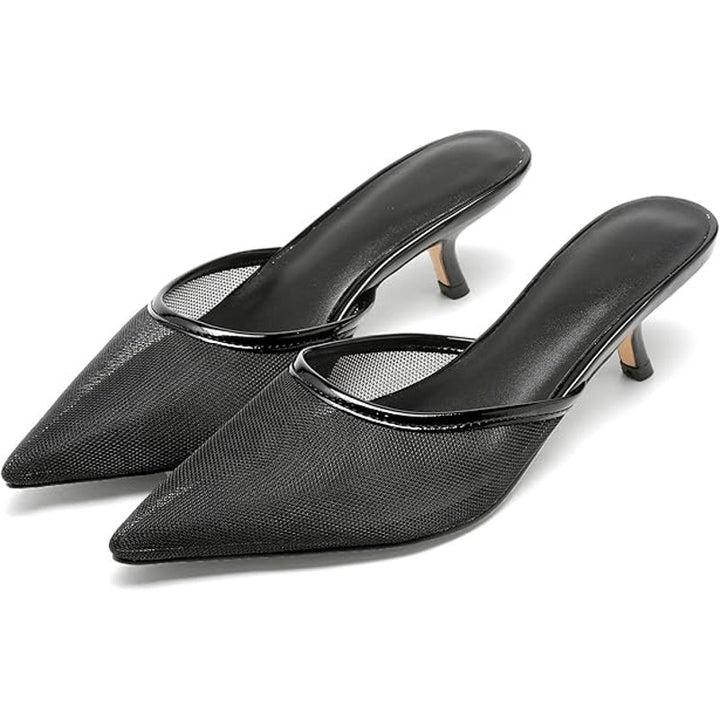 Riekhany Womens Size 10 Black Mesh Pointy Toe 2" Kitten Heel Mule Slide On Shoes