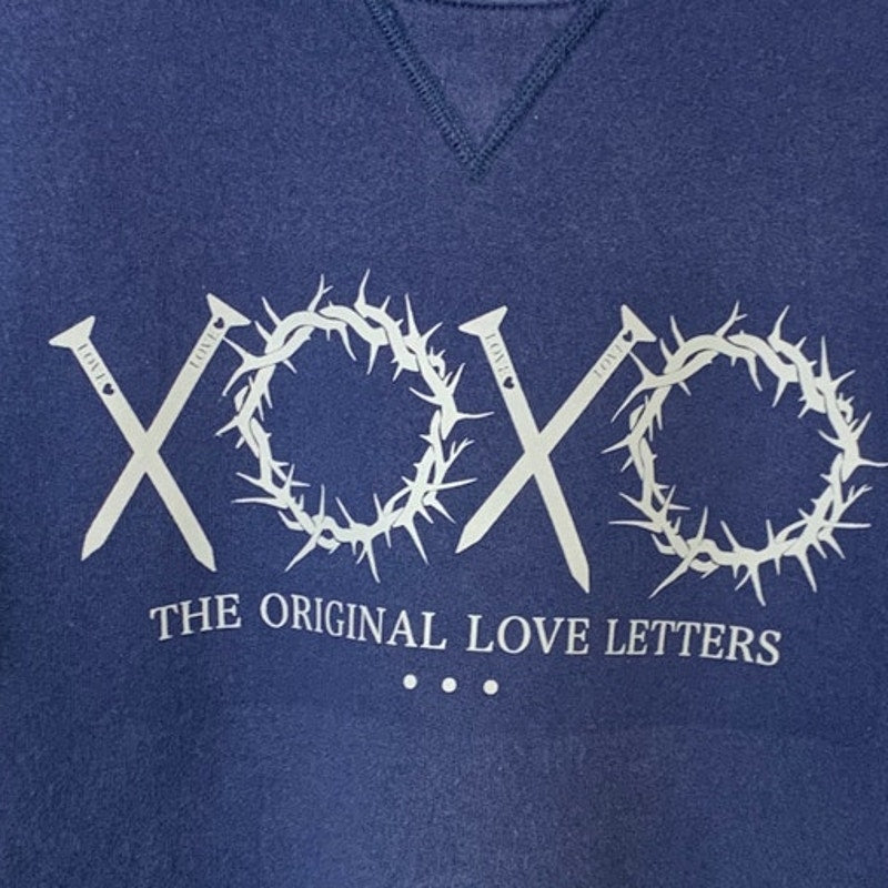 Upcycled Hand Printed Girls Large 12/14 Navy Jesus Easter Love Letter Sweatshirt